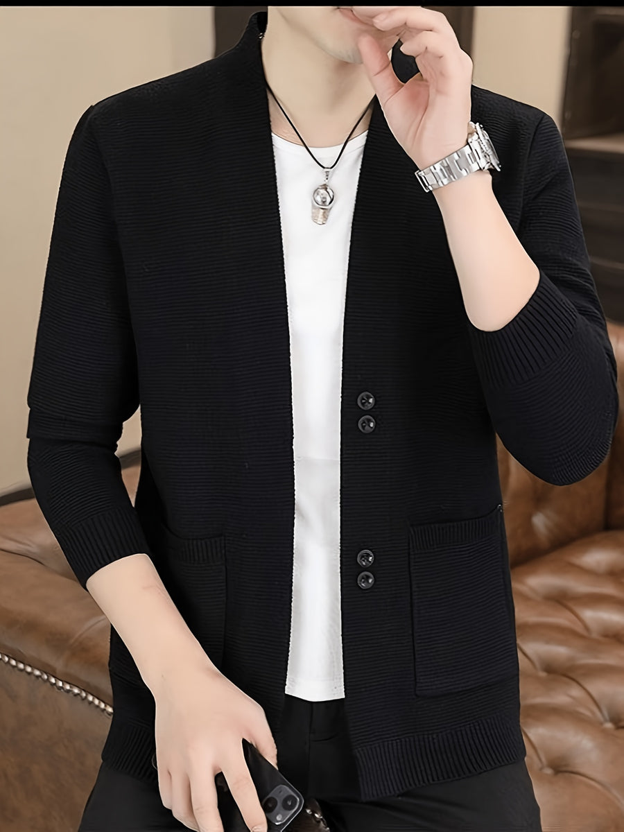 [Dulinglan OBM] Spring/Autumn New Men'S Knit Cardigan, Old Money Style Solid Striped Open Collar V-Neck Knit Cardigan Men'S Business Casual Fashion Open Collar Knit Sweater Top, Suitable for Spring, Autumn, Layering Or Outerwear - Black