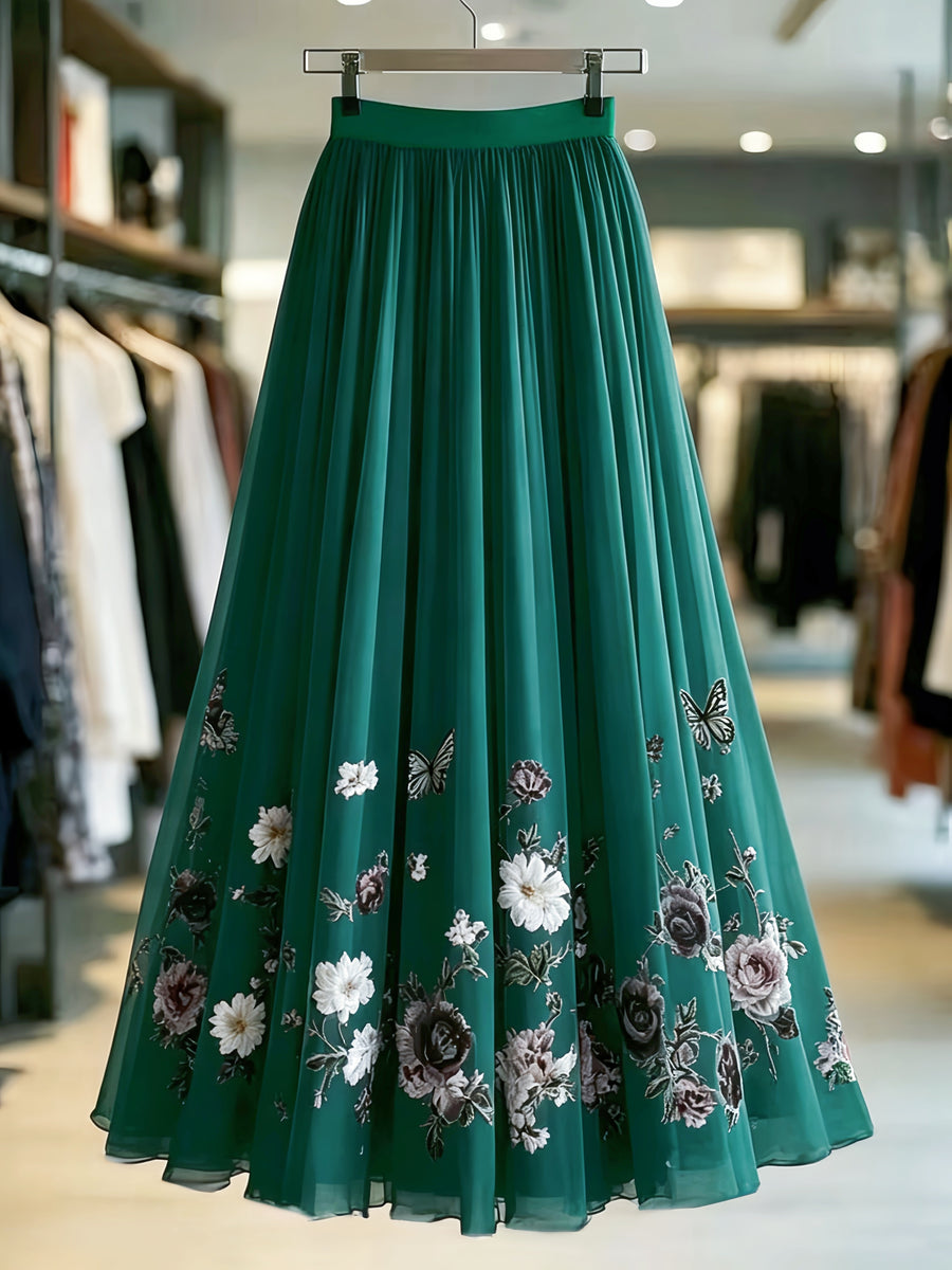 Spring and Autumn Women's Elegant Printed Midi A-Line Chiffon Skirt, Vacation Wear, Party Banquet Wear, Birthday Wear, Wedding Guest Wear, Easter Wear, Carnival Wear, Christmas Wear, Valentine's Day Wear, Holiday Wear, Suitable for Street Outings - Dark Green
