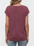 New Summer Women's V-Neck Fake Button Covered Sleeve T-Shirt, Solid Color Casual Top, Machine Washable - Suitable for Daily and Home Wear - Fuchsia