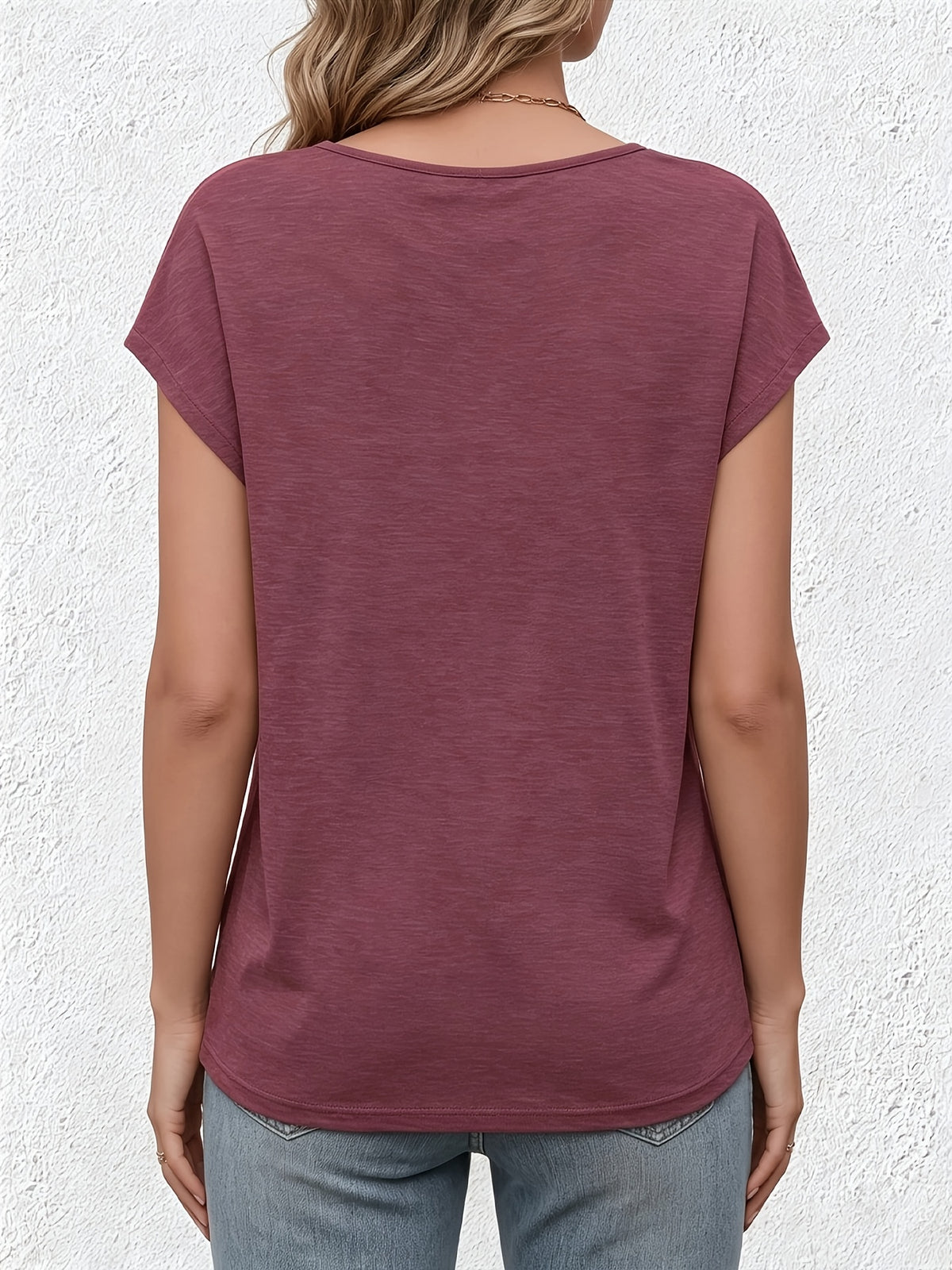 New Summer Women's V-Neck Fake Button Covered Sleeve T-Shirt, Solid Color Casual Top, Machine Washable - Suitable for Daily and Home Wear - Fuchsia