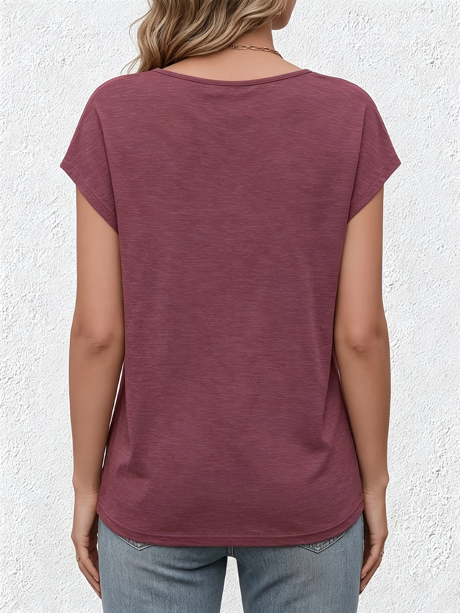 New Summer Women's V-Neck Fake Button Covered Sleeve T-Shirt, Solid Color Casual Top, Machine Washable - Suitable for Daily and Home Wear - Fuchsia
