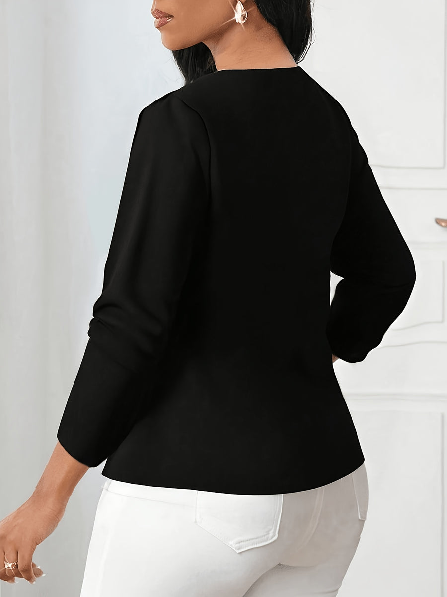Elegant Women's Open-Front Pleated Long-Sleeve Black Jacket, Versatile Autumn Women's Clothing, Women's Spring-Summer Apparel - Black