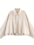 Women'S Casual Street Style Lapel Jacket, Retro Long Sleeve Zip Loose Coat - Apricot