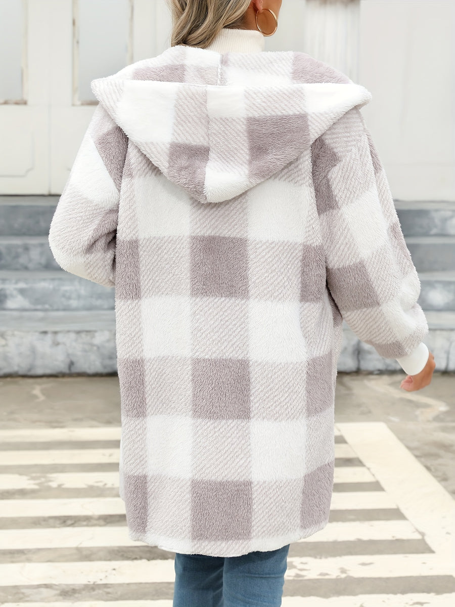 Plaid Faux Hooded Cardigan Jacket - Granny Gray