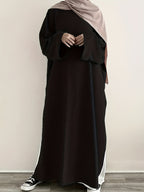 Solid Color Crew Neck Split Modest Dress, Elegant Long Sleeve Maxi Length Easy Dress, Women'S Clothing - Black