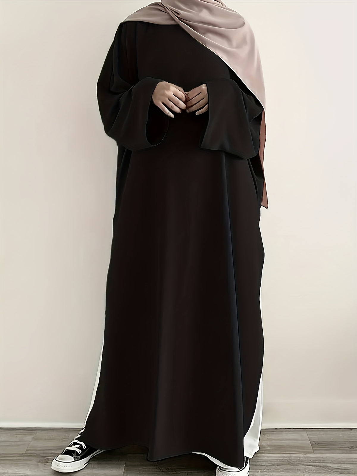 Solid Color Crew Neck Split Modest Dress, Elegant Long Sleeve Maxi Length Easy Dress, Women'S Clothing - Black