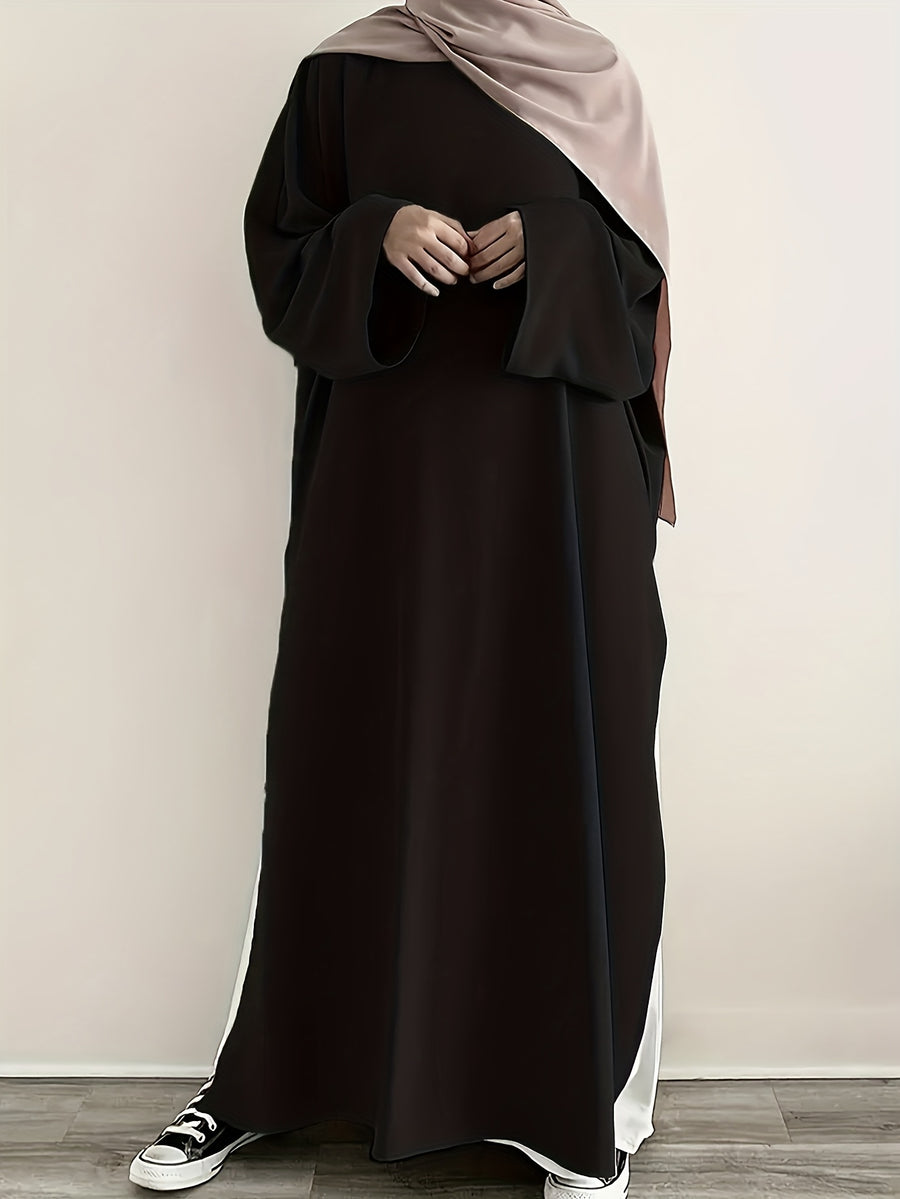 Solid Color Crew Neck Split Modest Dress, Elegant Long Sleeve Maxi Length Easy Dress, Women'S Clothing - Black