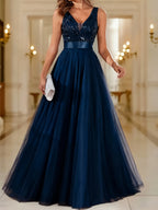 Fashionable Sexy New Women'S Sequin Mesh Patchwork A-Line Party Dress - Navy Color