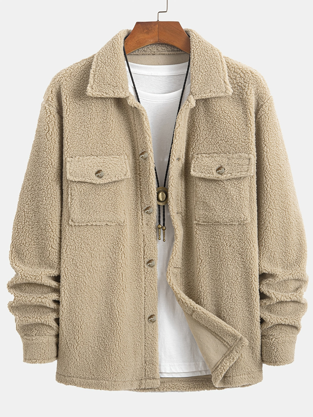 Popular Simple Men's Plush Jacket, Fashionable Classic Solid Color Plush Double Pocket Lapel Button Design, Suitable for Daily Casual Fashion, Simple Outings, Commuting, Street Trend, Autumn/Winter Long Sleeve Warm Plush Jacket - Apricot