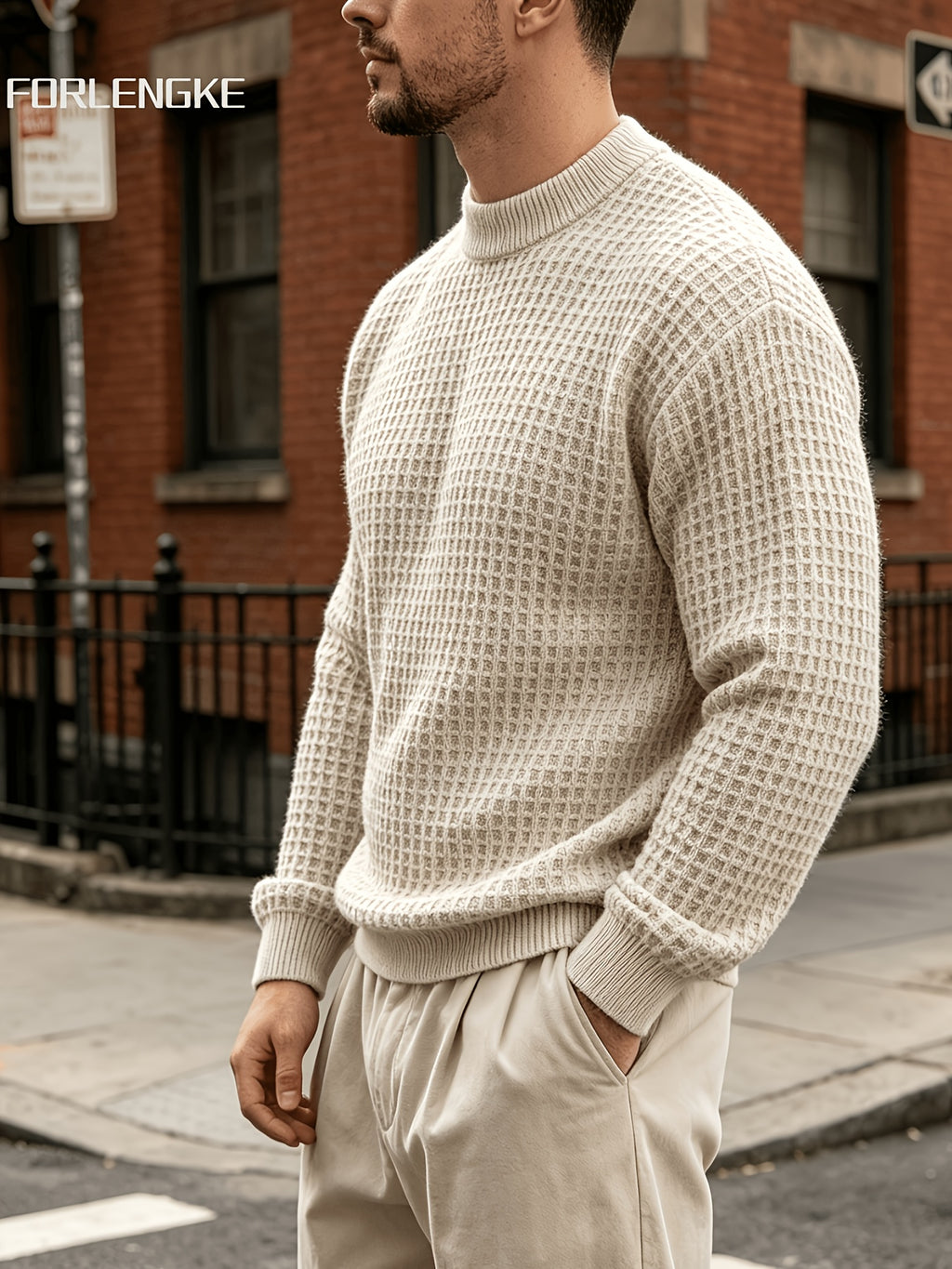 FORLENGKE Autumn/Winter New Arrival Men's Round Neck Waffle Knit Sweater, Three-Dimensional Checkered Weave Texture, Loose Fit Long Sleeve Pullover, Solid Color Basic Style for Daily Streetwear, Commuting, Simple and Versatile, Casual Inner or Outer - Apricot