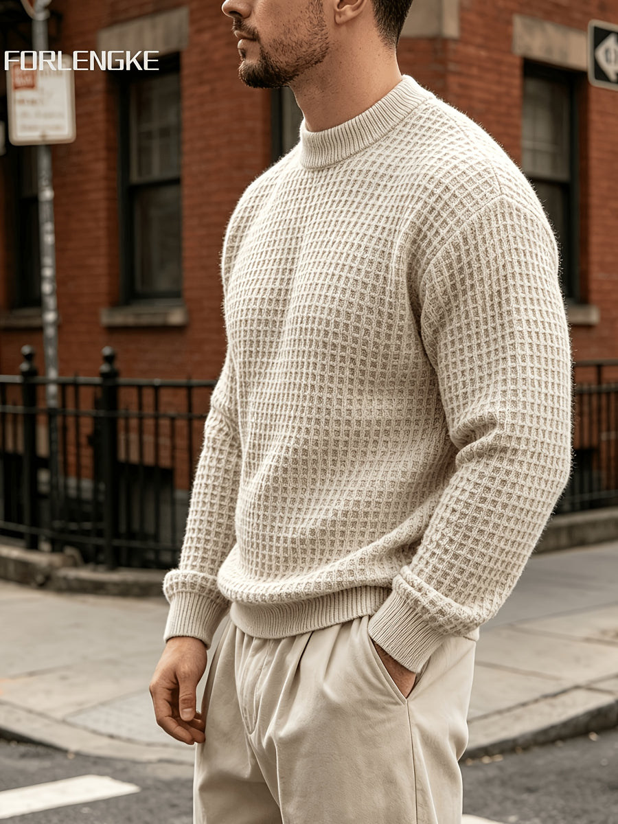FORLENGKE Autumn/Winter New Arrival Men's Round Neck Waffle Knit Sweater, Three-Dimensional Checkered Weave Texture, Loose Fit Long Sleeve Pullover, Solid Color Basic Style for Daily Streetwear, Commuting, Simple and Versatile, Casual Inner or Outer - Apricot