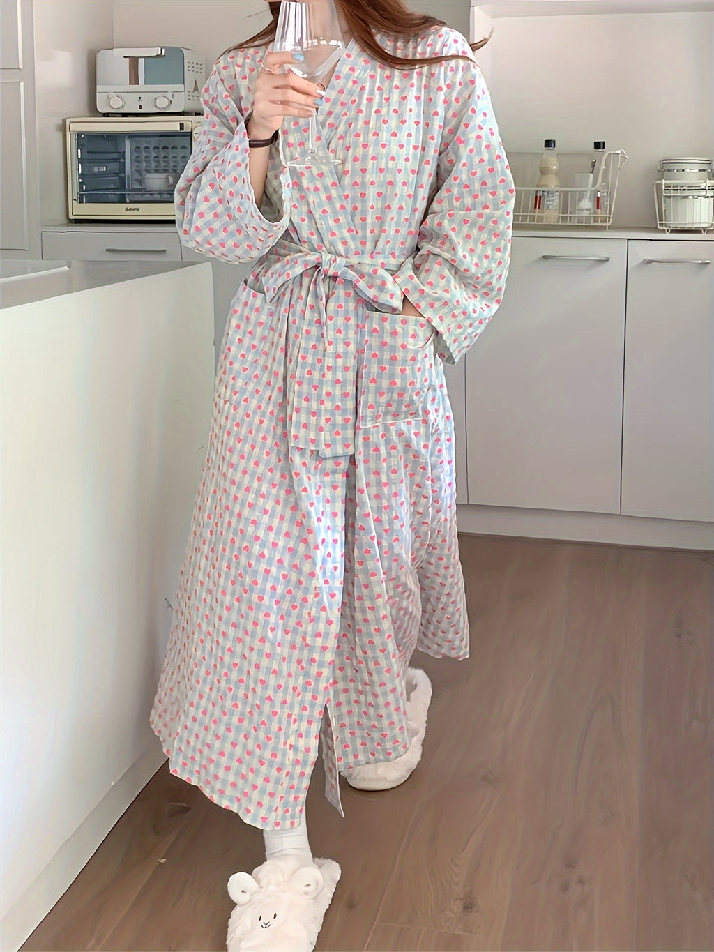 New Women's Fashionable High-End Heart Plaid Plus Size Loungewear, Simple Design Spring/Summer Robe, Mid-Length Loose Fit Versatile Sweet Home Robe - Mix