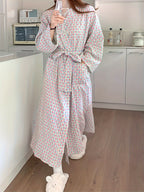 New Women's Fashionable High-End Heart Plaid Plus Size Loungewear, Simple Design Spring/Summer Robe, Mid-Length Loose Fit Versatile Sweet Home Robe - Mix