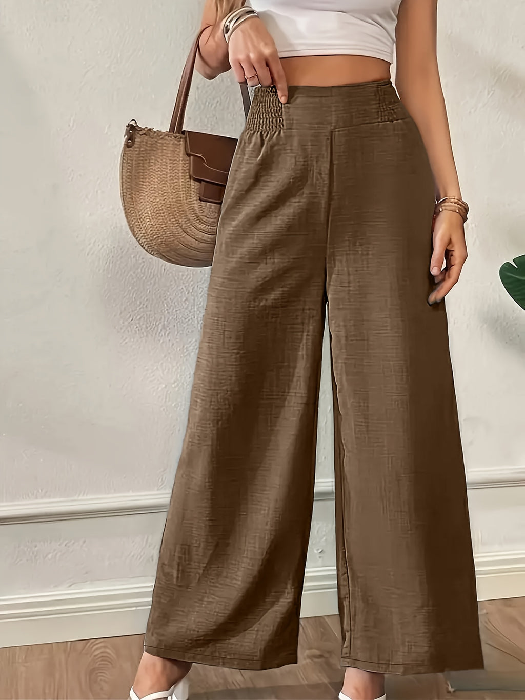 New Women'S High-Waist Wide-Leg Pants, Elastic Waist Straight-Leg Long Trousers, Elegant Wide-Leg Trousers Suitable for Casual And Formal Occasions, Office, And Semi-Formal Wear - Dark Brown