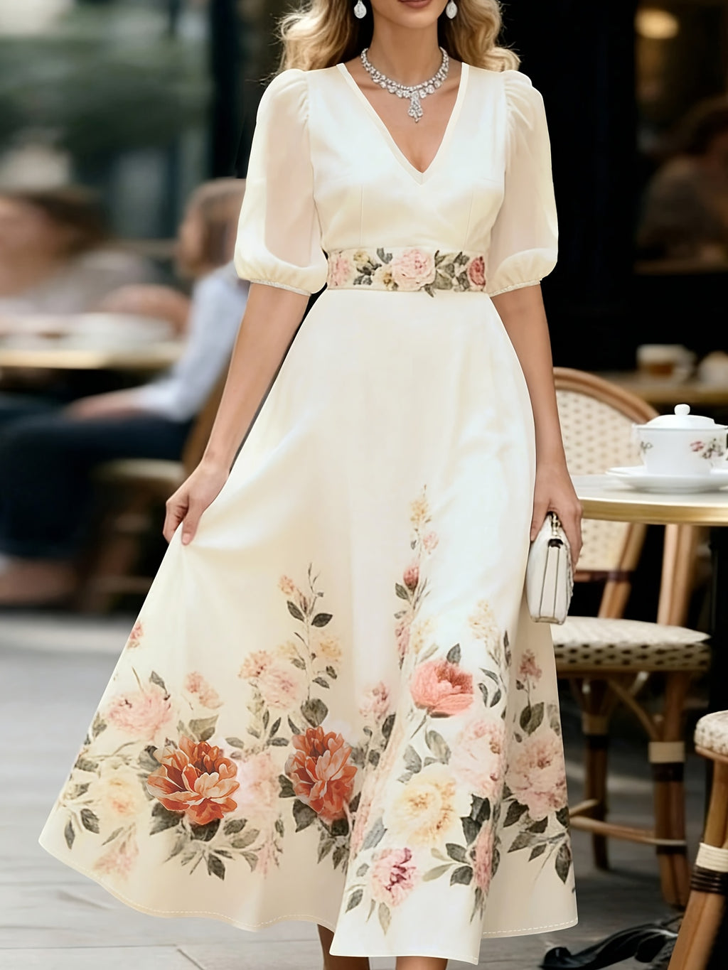 Elegant Temperament Printed Waist-Cinching Flared Dress - Apricot