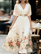 Elegant Temperament Printed Waist-Cinching Flared Dress - Apricot