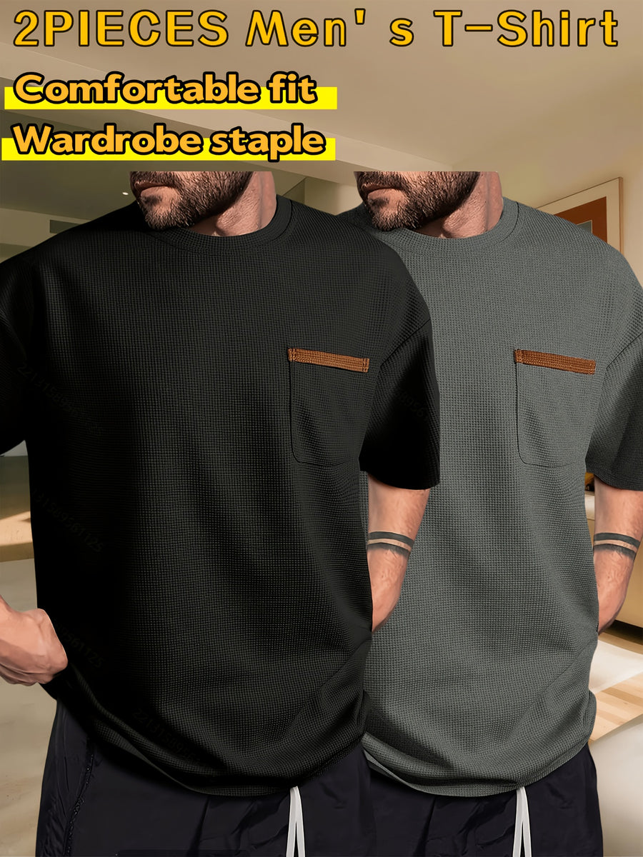 Men's Waffle-Knit Short Sleeve T-Shirt - Breathable Base Layer & Casual Round Neck Pocket Tee, Solid Color Suitable for Gym, Casual Attire, Machine Washable, Spring/Summer Layering Shirt, High-Fit Rate for Lifestyles - Black+Dark Grey