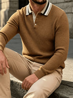 Men'S Contrast Striped Collar Polo Knit Sweater, Textured Casual Pullover for Autumn Winter - Multicolor