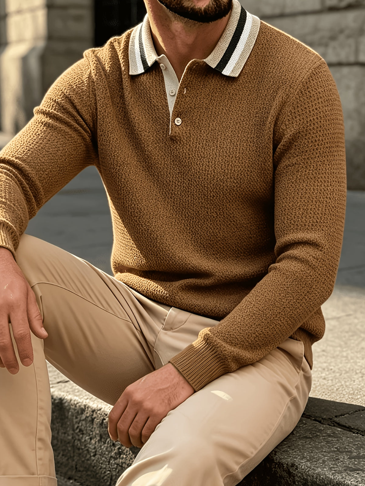 Men'S Contrast Striped Collar Polo Knit Sweater, Textured Casual Pullover for Autumn Winter - Multicolor