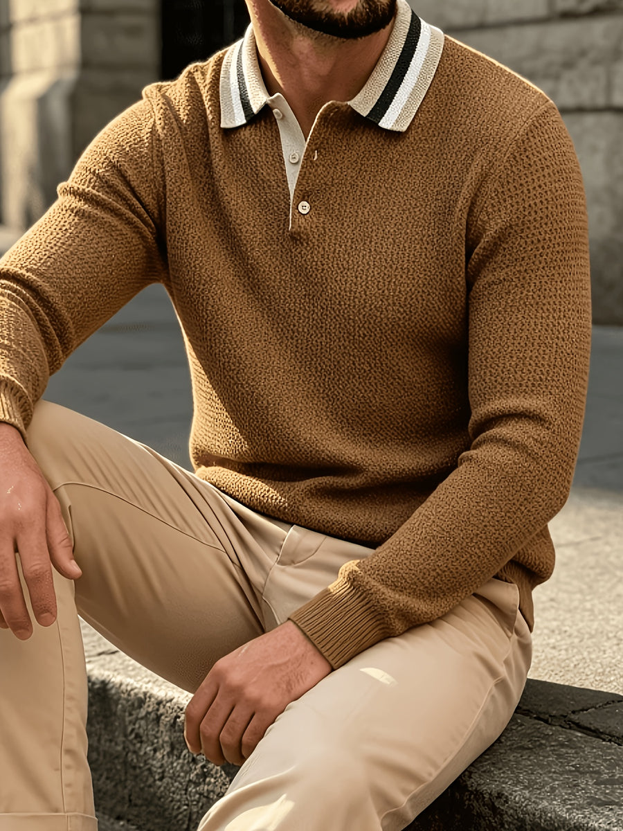 Men'S Contrast Striped Collar Polo Knit Sweater, Textured Casual Pullover for Autumn Winter - Multicolor