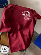 Men'S Casual T-Shirt, Fashionable Round Neck Short Sleeve, WEST COAST California Beach Surfing Pattern, All-Season Versatile, Durable Print Machine Washable Non-Fading, Commute, Streetwear, Campus, Couple Wear - Burgundy