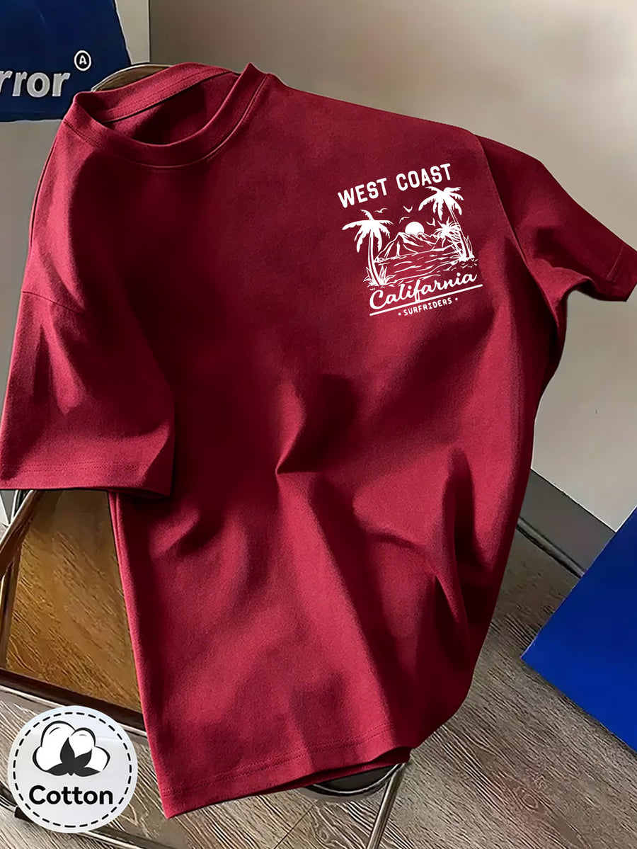 Men'S Casual T-Shirt, Fashionable Round Neck Short Sleeve, WEST COAST California Beach Surfing Pattern, All-Season Versatile, Durable Print Machine Washable Non-Fading, Commute, Streetwear, Campus, Couple Wear - Burgundy