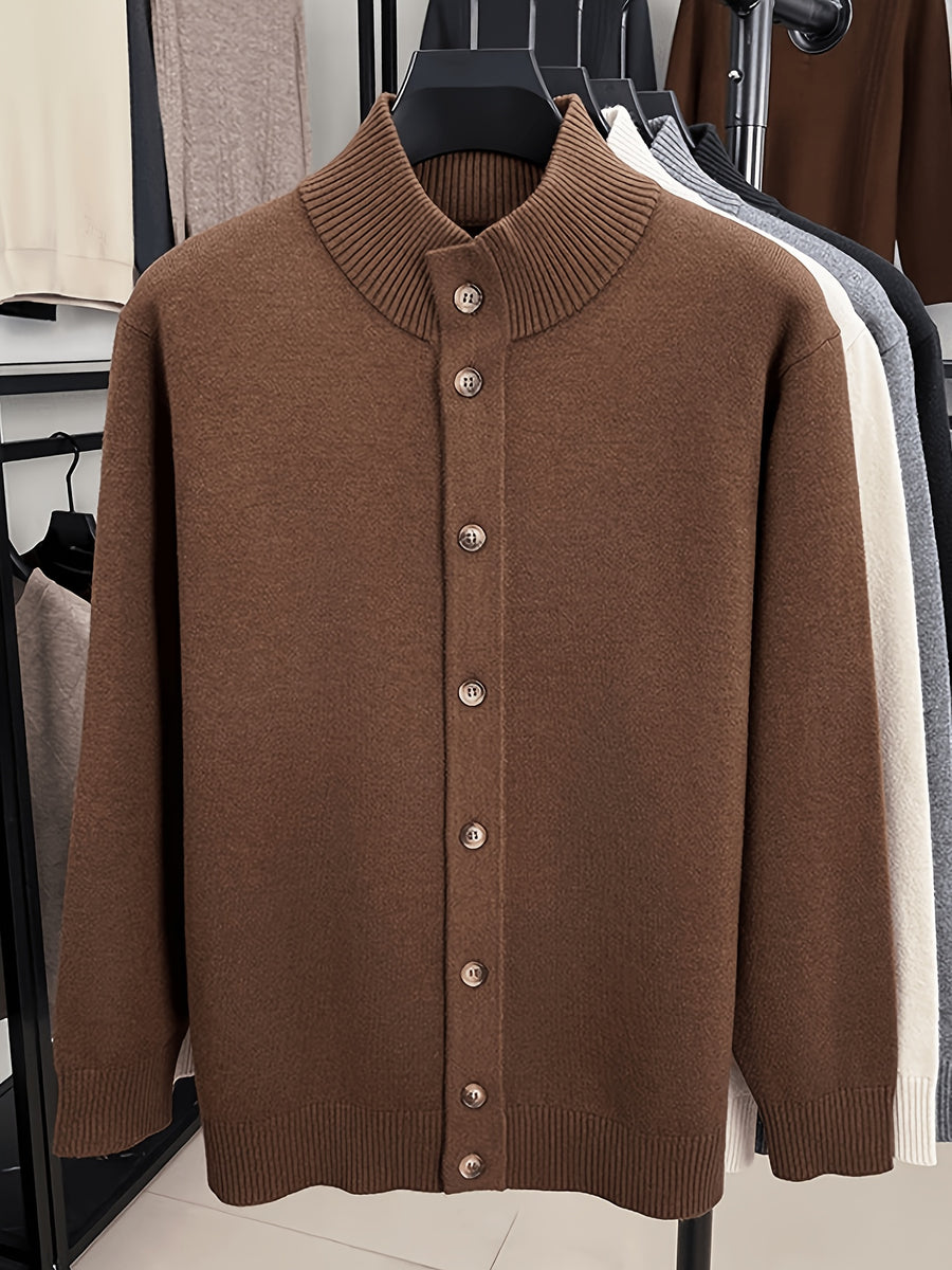 Men'S Solid Color Stand Collar Button-Up Sweater, Long Sleeve Fitted Knit Jacket, Soft Warm Blended Velvet Sweater Coat, Business Casual Daily Commute Fall Winter Outerwear, Classic Solid Color Men'S Knit Top - Mocha Brown