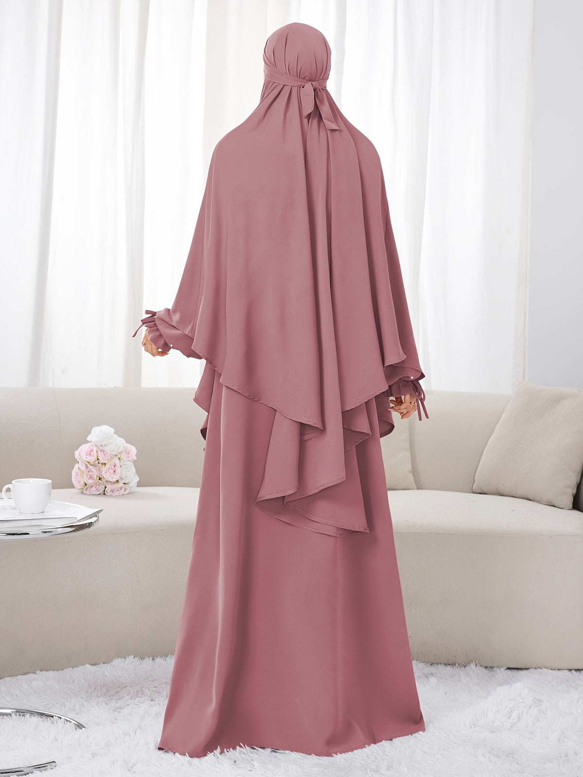 Women's 2pcs Modest Islamic Abaya & Khimar Suit - Elegant Full Coverage Prayer Dress with Headscarf, Pure Color Muslim Dress Suitable for Daily Wear, Hajj, Ramadan, Travel - Abaya Robe for Muslim Women - Pale Pinkish Gray
