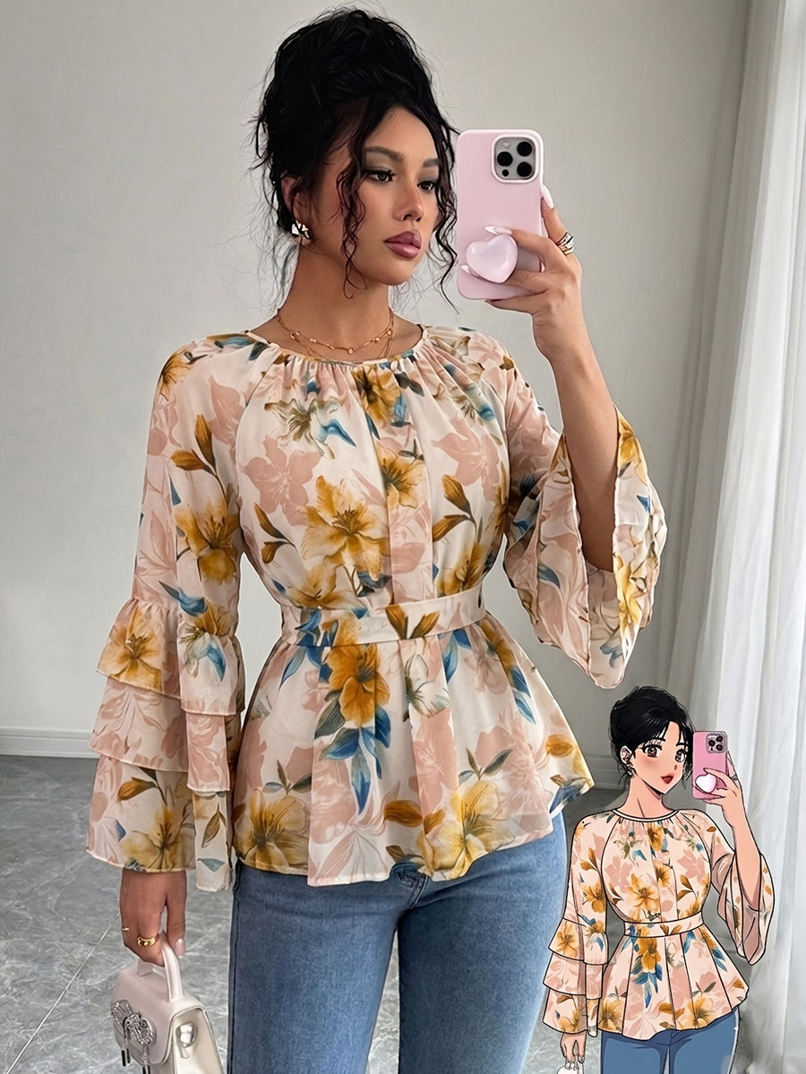 Women'S Summer Elegant Top, Chiffon Floral Print Layered Ruffle Sleeve, Waist Tie Festival Outfit, Holiday Vacation Wear Shirt - Apricot Flower