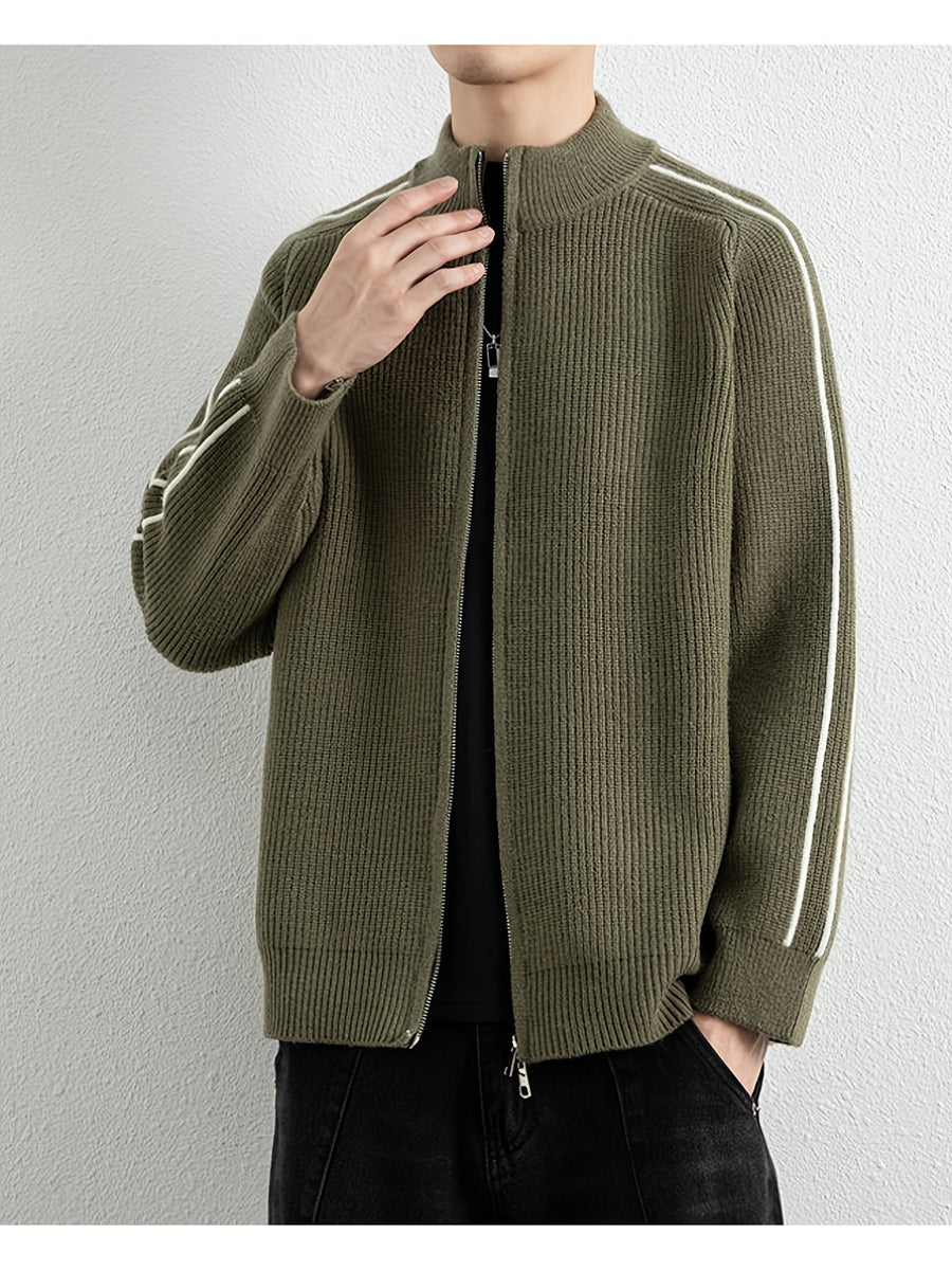 [Wading Whale OBM] Spring/Autumn New Men'S Knit Cardigan, Old Money Style Color-Block Striped Zipper Front Stand Collar Cardigan for Men, Business Casual Fashion Knitwear, Suitable for Spring, Autumn, Winter Layering Or Outerwear, Fits Daily Casual - Olive