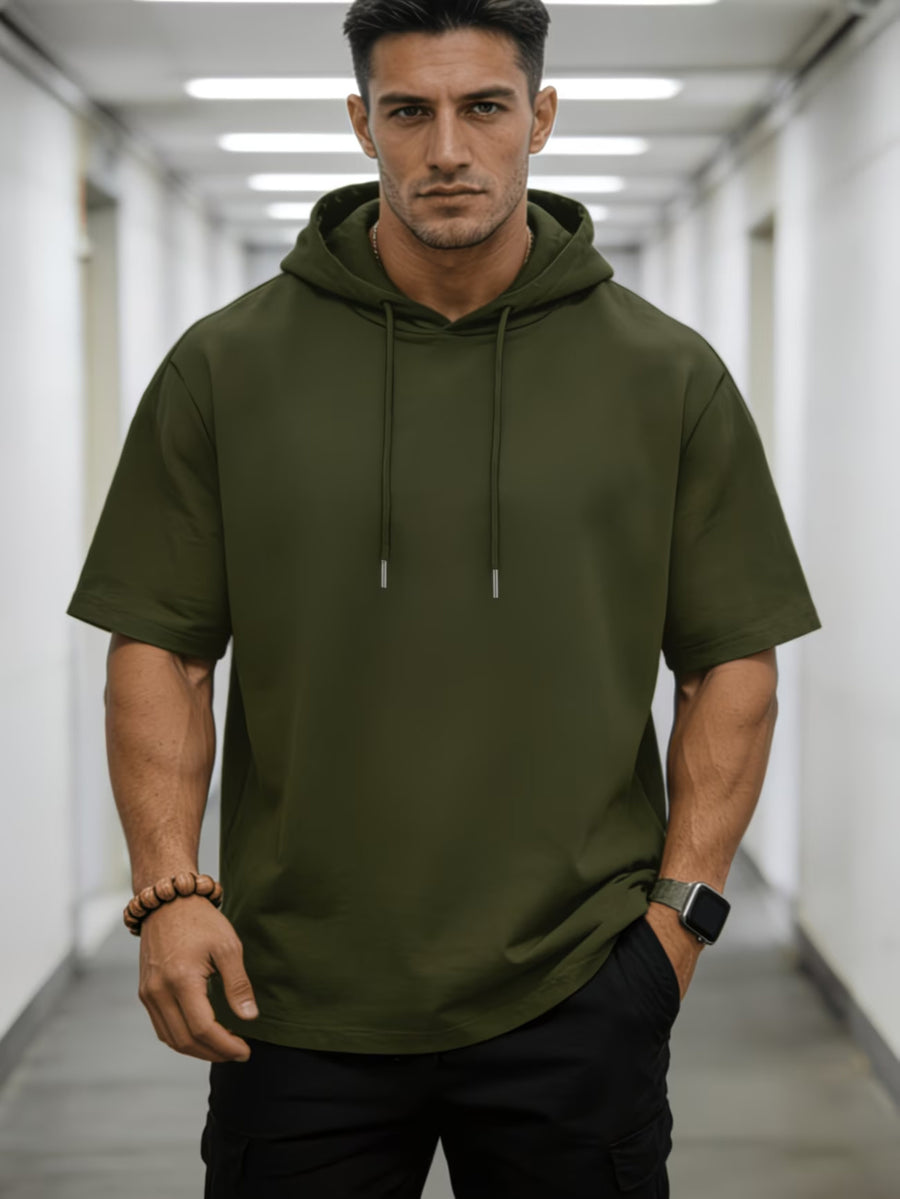 Solid Color Men's Hoodie T-Shirt, Novelty Casual Short-Sleeve Hooded Tee, Loose Fit Hooded Short-Sleeve Top, Versatile Men's Casual Knitwear, Summer Outdoor Casual Short-Sleeve Black, Vintage Fashion Trendy Apparel, Spring-Summer Vacation Outdoor - Olive Green