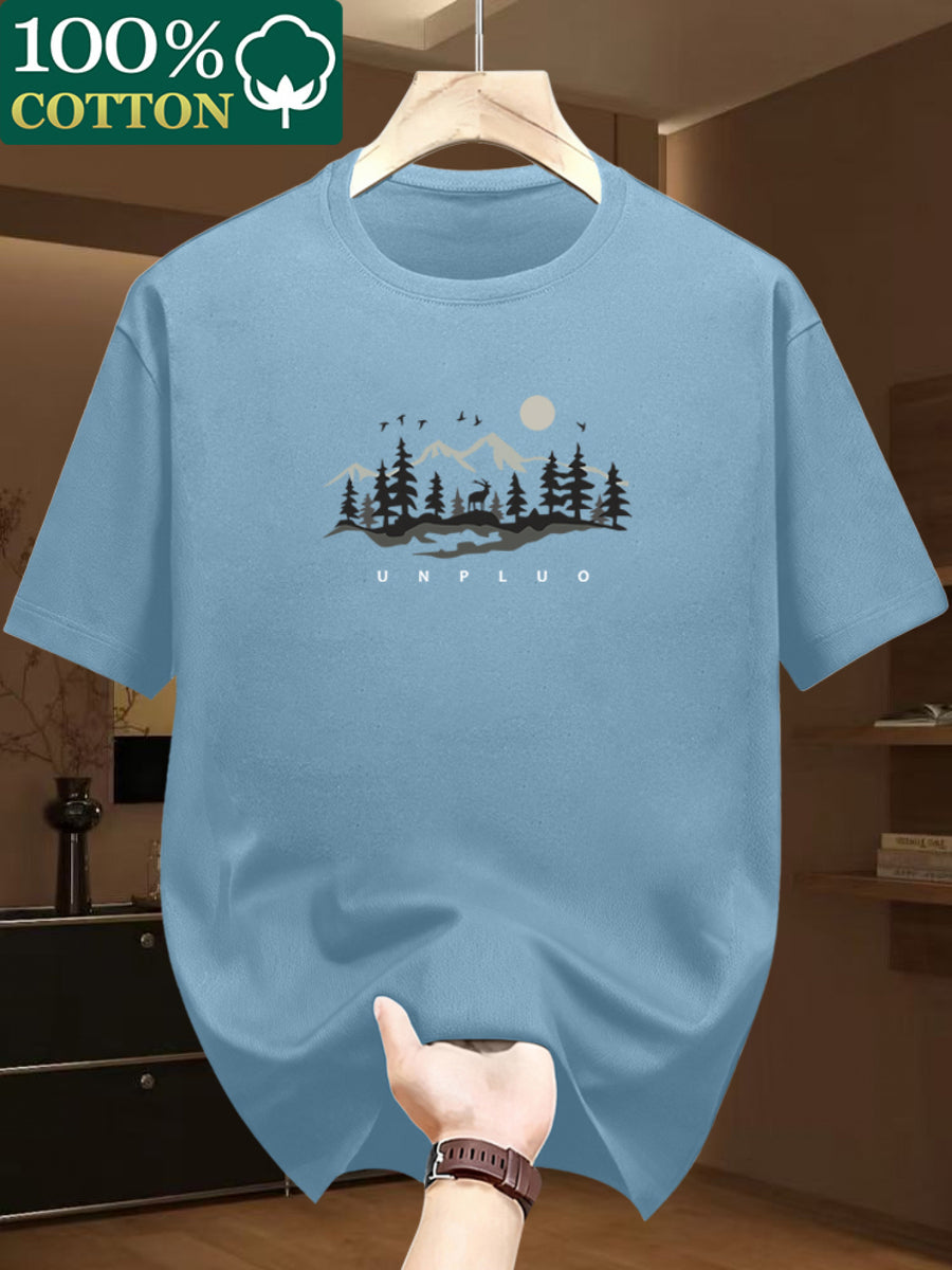 100% Cotton. Men's Short-sleeve T-shirt. Fashionable Tree Pattern, Summer Short-sleeve Casual Men's Fashion. Versatile Base Layer. Suitable for Outdoor Casual Wear - Sky Blue