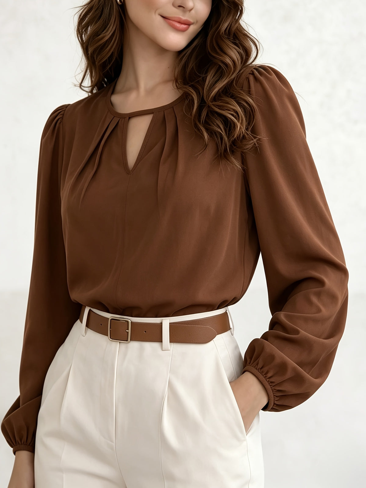 Princess Sleeve Loose Top 2026 Summer New Arrival Women's Versatile Top, Hollow V-Neck Long Sleeve Women's Shirt, French-Style Vintage Puff Sleeve Blouse, Maillard Style Versatile Elegant Top, French-Style Vintage Style, Maillard Casual Style - Brown
