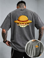 Straw Hat Cartoon Boy Portrait Print Men's Vintage Washed Loose Fit Pure Cotton Short Sleeve T-Shirt - Grey