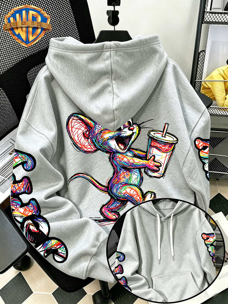[Officially Licensed by Warner Bros] 1pc, American Colorful Line Cartoon Holding Drink Portrait Creative Casual Hoodie - Men'S Fashion Sweatshirt, Adjustable Drawstring Loose Comfortable Sweater, Suitable for Daily And Outdoor Wear - Light Grey