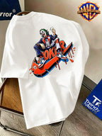 Warner Bros. Authentic Men's 100% Short-Sleeve T-Shirt, Trendy Hip-Hop Character Top, Featuring a Dominant Seated Figure Holding Playing Card Accessories, Adorned with Red-Orange Color-Block Dripping Enamel Paint Patterns, Exceptional Visual Impact - White
