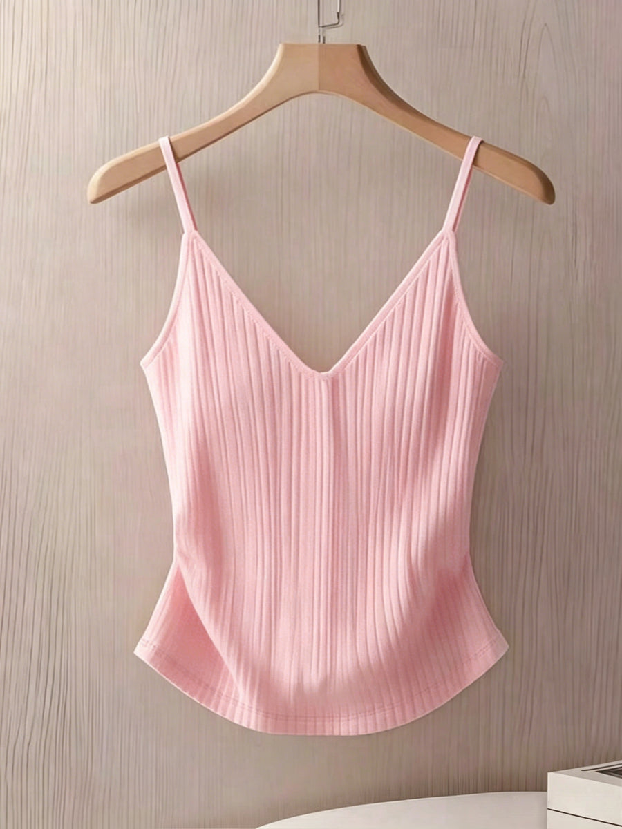 Elegant and Stylish New Summer Adult Solid Color Thin Strap V-Neck Button Decoration Waist-Cinching Slim-Fit Versatile Casual Women's Camisole ZLLZ - Pink