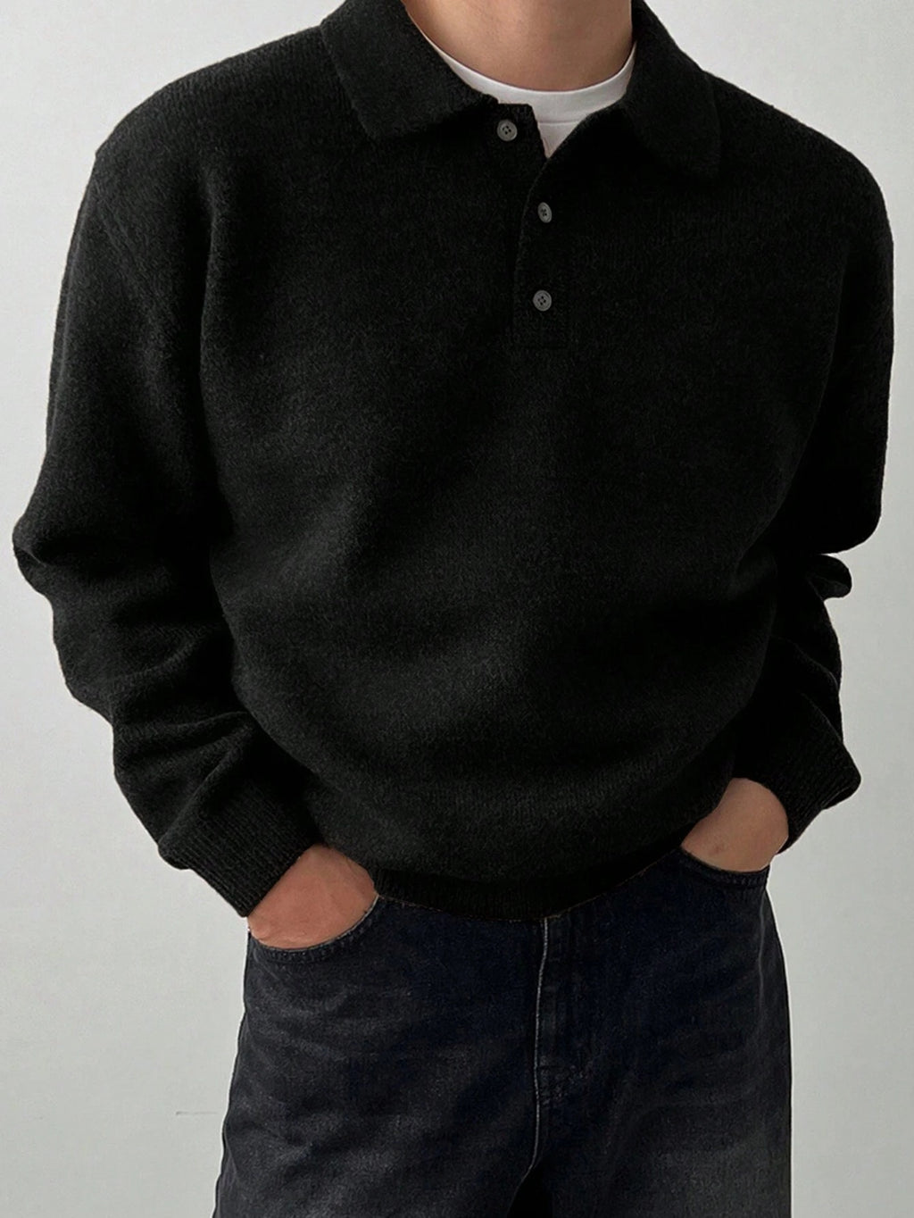 Men's POLO Collar Sweater for Autumn/Winter, Lazy-Style High-End Winter Pullover, Inner Layer Base Top, Lapel Knit Outerwear, Thick Jacket - Black