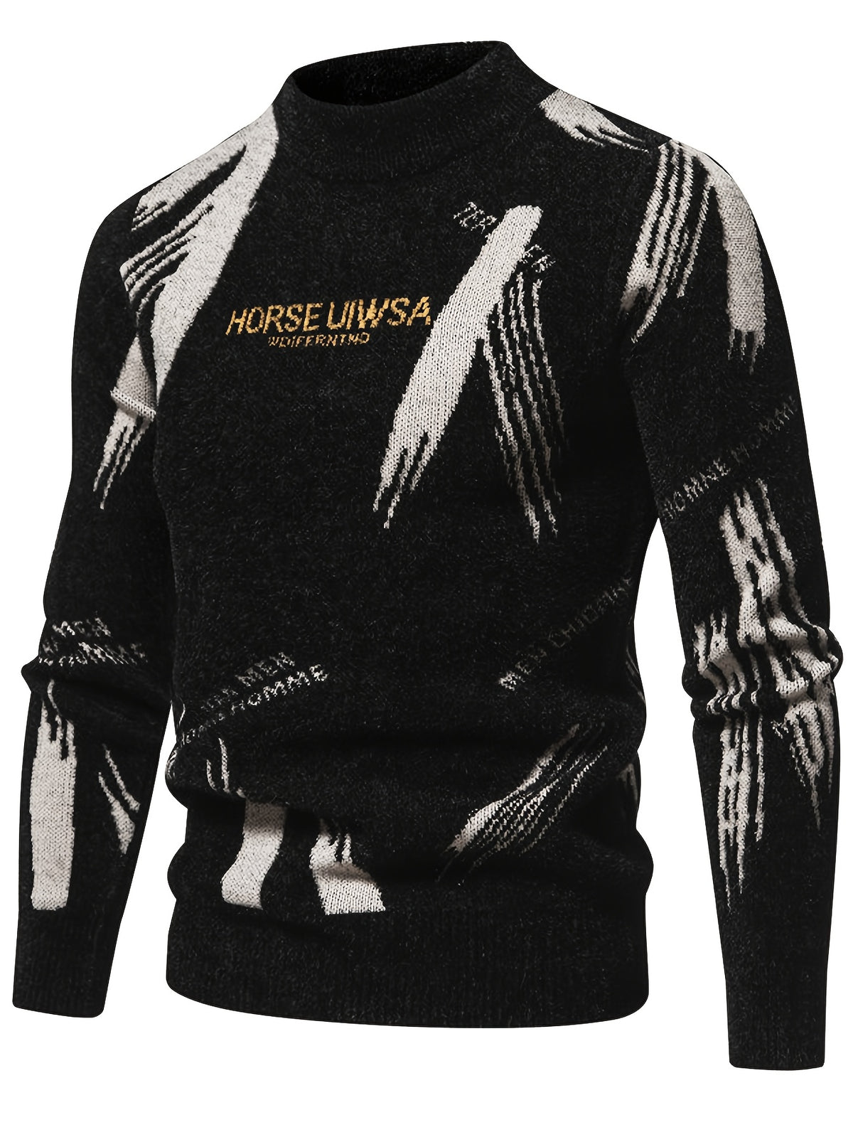 Men's Letter Jacquard Sweater - Stretch Crewneck Pullover with Base Layer, Warm Winter Sweater Suitable for Casual & -Casual Wear, Non- Lettering, Hand Washable for Office or Layering - Black