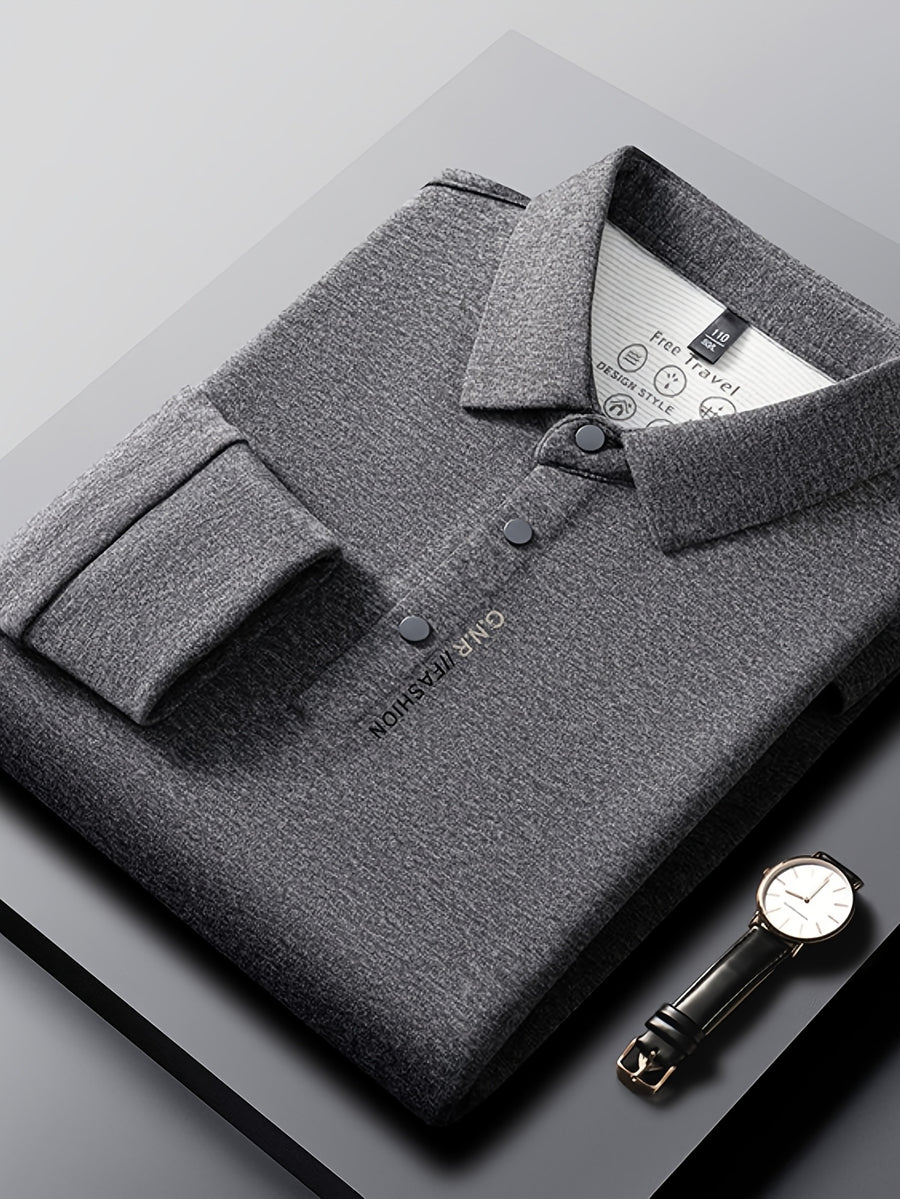 New Autumn 2026 Men's Long-Sleeve T-Shirt, Solid Color Lapel, Simple Daily Wear, Casual Polo Shirt - 【Light Grey】