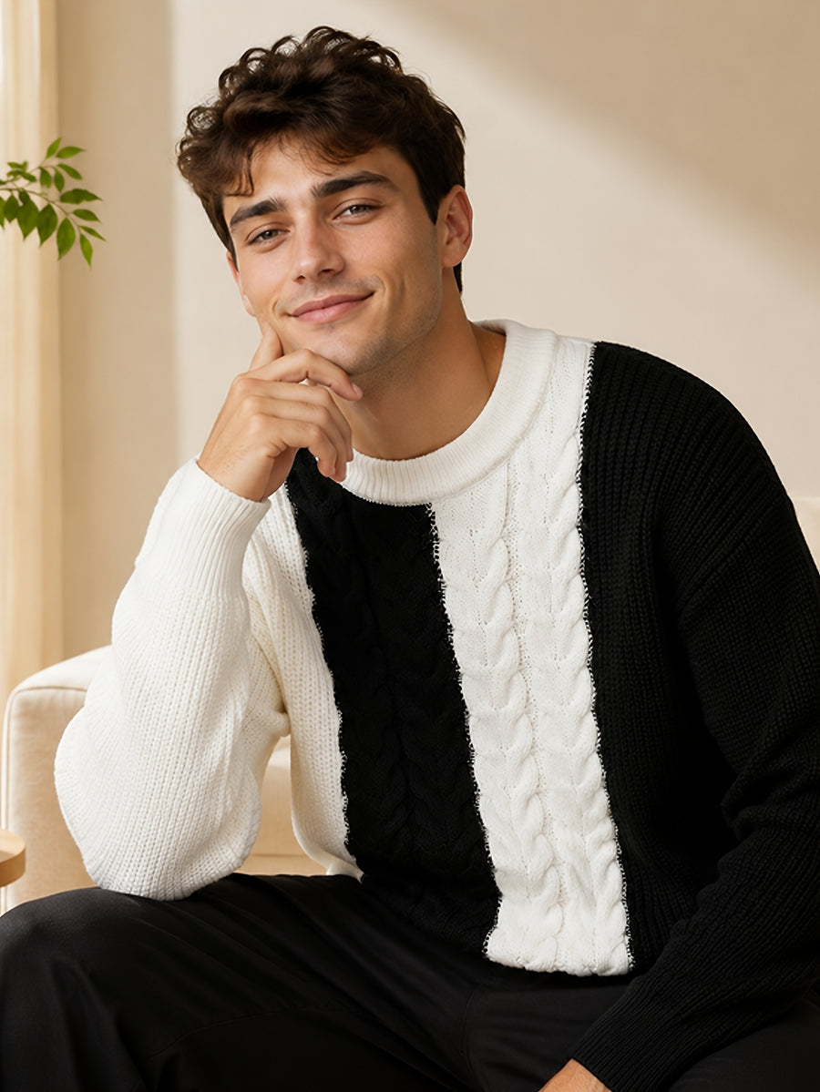 Men'S Vertical Stripe Color-Block Jacquard Round Neck Sweater, Loose Drop Shoulder Fit, Casual Relaxed Style, Flattering for All Body Types, Ideal for Daily Outings, Dates, And Commuting - SINBOS - Black