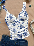 Women's Spring/summer New Hot Beach Tropical Vacation Outfits Casual Floral Slim Fit Bustier Halter Top - White
