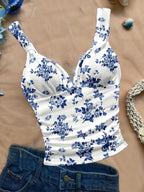 Women's Spring/summer New Hot Beach Tropical Vacation Outfits Casual Floral Slim Fit Bustier Halter Top - White