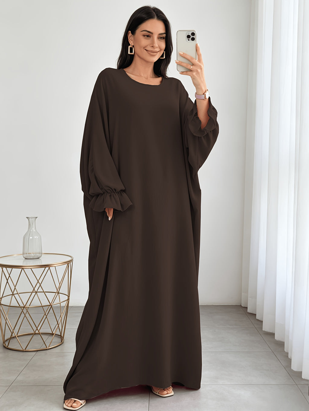 1pc Moisture-Wicking Breathable Fabric Loose Comfortable Batwing Dress Casual All-Match Abaya Suitable for Women'S Daily Wear Without Headscarf, Summer Abaya Women Abaya Women Muslim Dress Robe Summer Abaya Women - Coffee Color