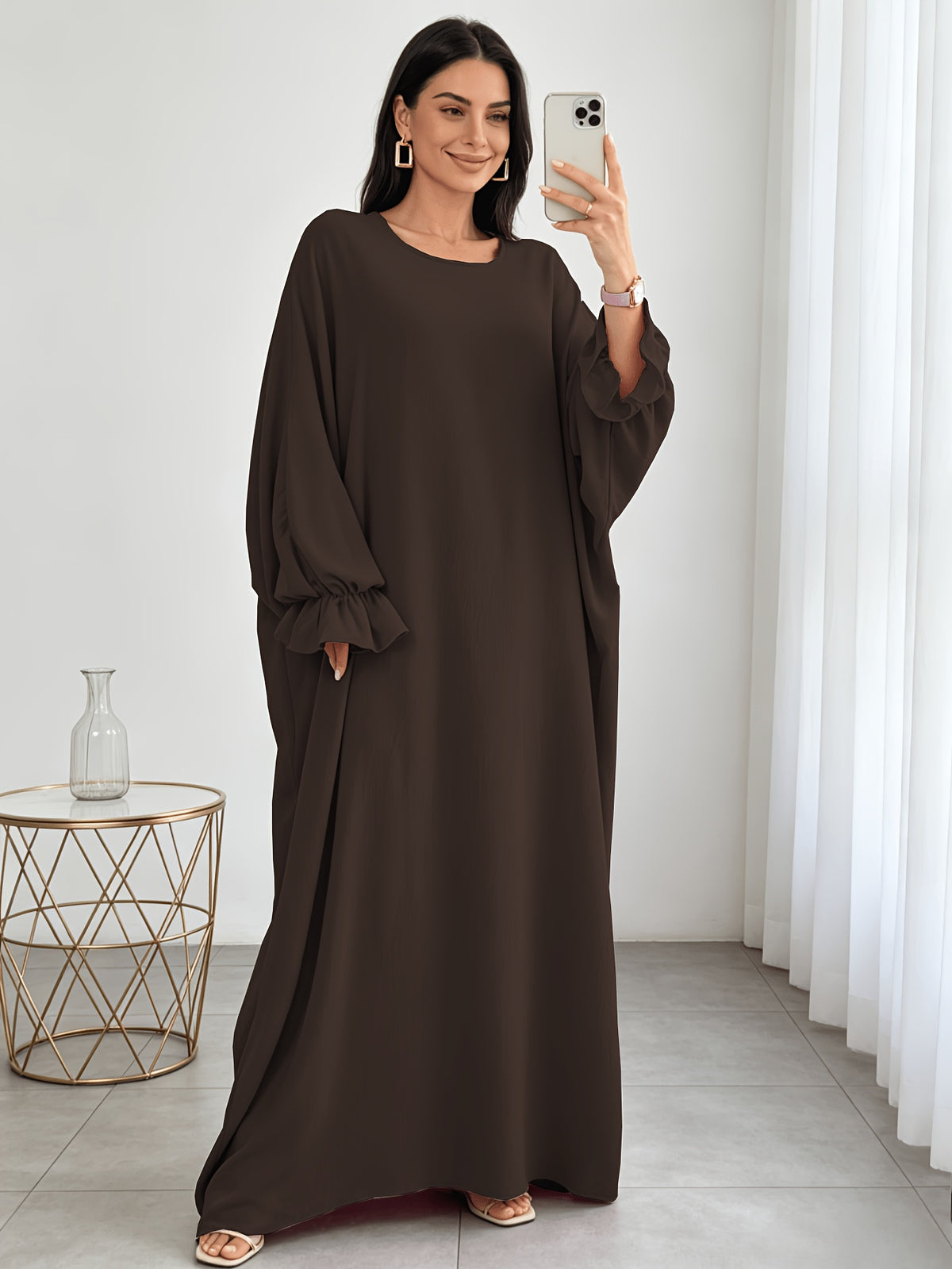 1pc Moisture-Wicking Breathable Fabric Loose Comfortable Batwing Dress Casual All-Match Abaya Suitable for Women'S Daily Wear Without Headscarf, Summer Abaya Women Abaya Women Muslim Dress Robe Summer Abaya Women - Coffee Color