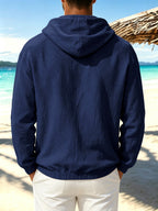 Men'S Autumn New Linen Print Hoodie Thin Loose Sweatshirt Comfortable Daily Commute Sports Fitness Casual Vacation Street Trendy Classic Style Literary Long Sleeve Hooded Sweatshirt - Navy Color