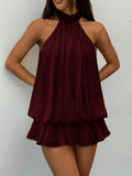 Women's Elegant Cream Yellow Chiffon Backless Tie-waist Mini Dress, Women's Date Dress, Women's Summer Dress, Women's Sundress, Women's Elegant Party Dress, Women's Birthday Dress. - Burgundy
