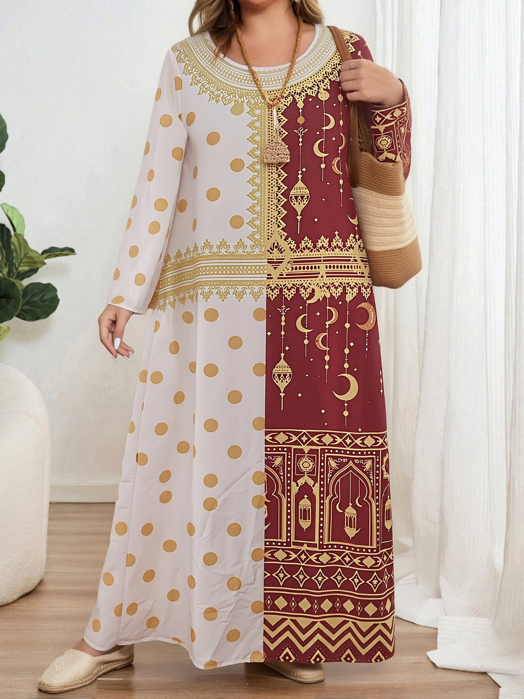 Middle Eastern Spring/Summer Red and White Contrast Color Star and Moon Print Round Neck Elegant Women's Dress Gown, Modest and Elegant Muslim Women's Prayer Attire, Suitable for Family Gatherings and Dinner Parties, Islamic Style Dress for Ramadan - White
