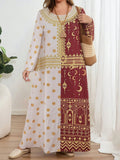 Middle Eastern Spring/Summer Red and White Contrast Color Star and Moon Print Round Neck Elegant Women's Dress Gown, Modest and Elegant Muslim Women's Prayer Attire, Suitable for Family Gatherings and Dinner Parties, Islamic Style Dress for Ramadan - White