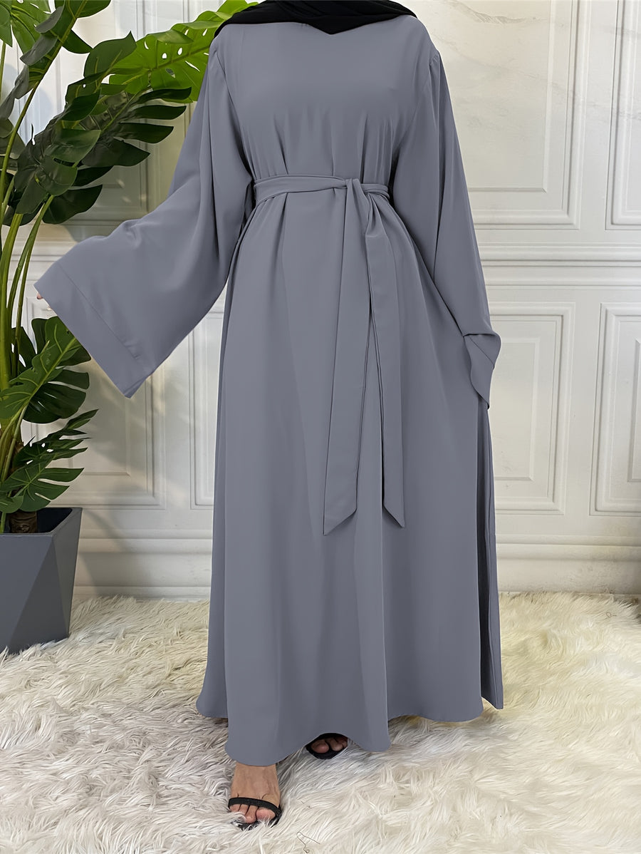 1pc Fashionable, Elegant, Comfortable, and Casual Wide-sleeved Abaya with Belt. Solid Color Suitable for Daily Wear. Loose and Comfortable Women's Abaya Dress. Ferace Tesettür Clothing, Women's Abayas for Muslim Women, Islamic Wear for Women - Dark Gray